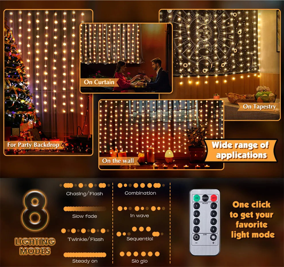 Christmas Lights LED Fairy String Curtain Lights 8 Mode Remote USB Festoon Christmas Decor for Home Holiday New Year Lamp