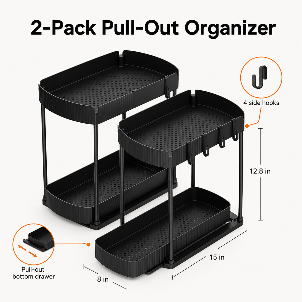 2-Pack Pull-Out Cabinet Organizer for Kitchen & Bathroom