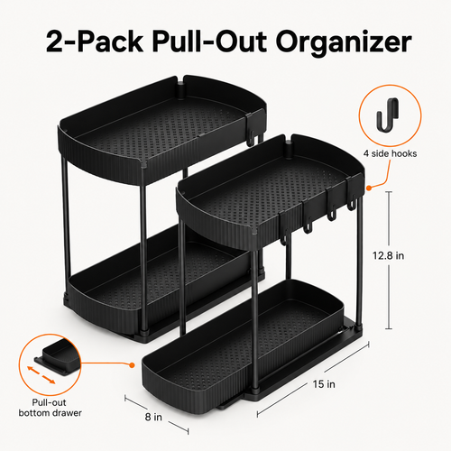 2-Pack Pull-Out Cabinet Organizer for Kitchen & Bathroom