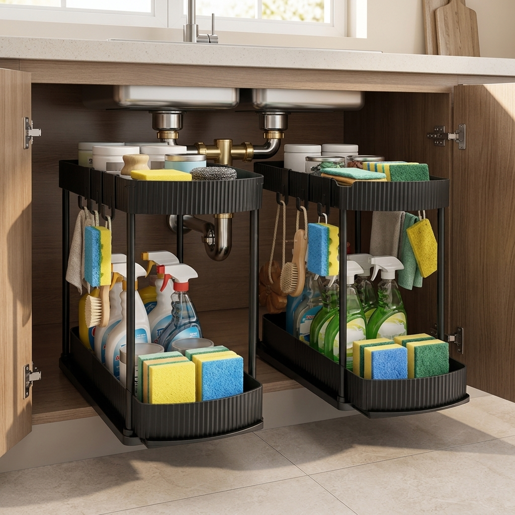 Pull-out cabinet organizer installed under kitchen sink