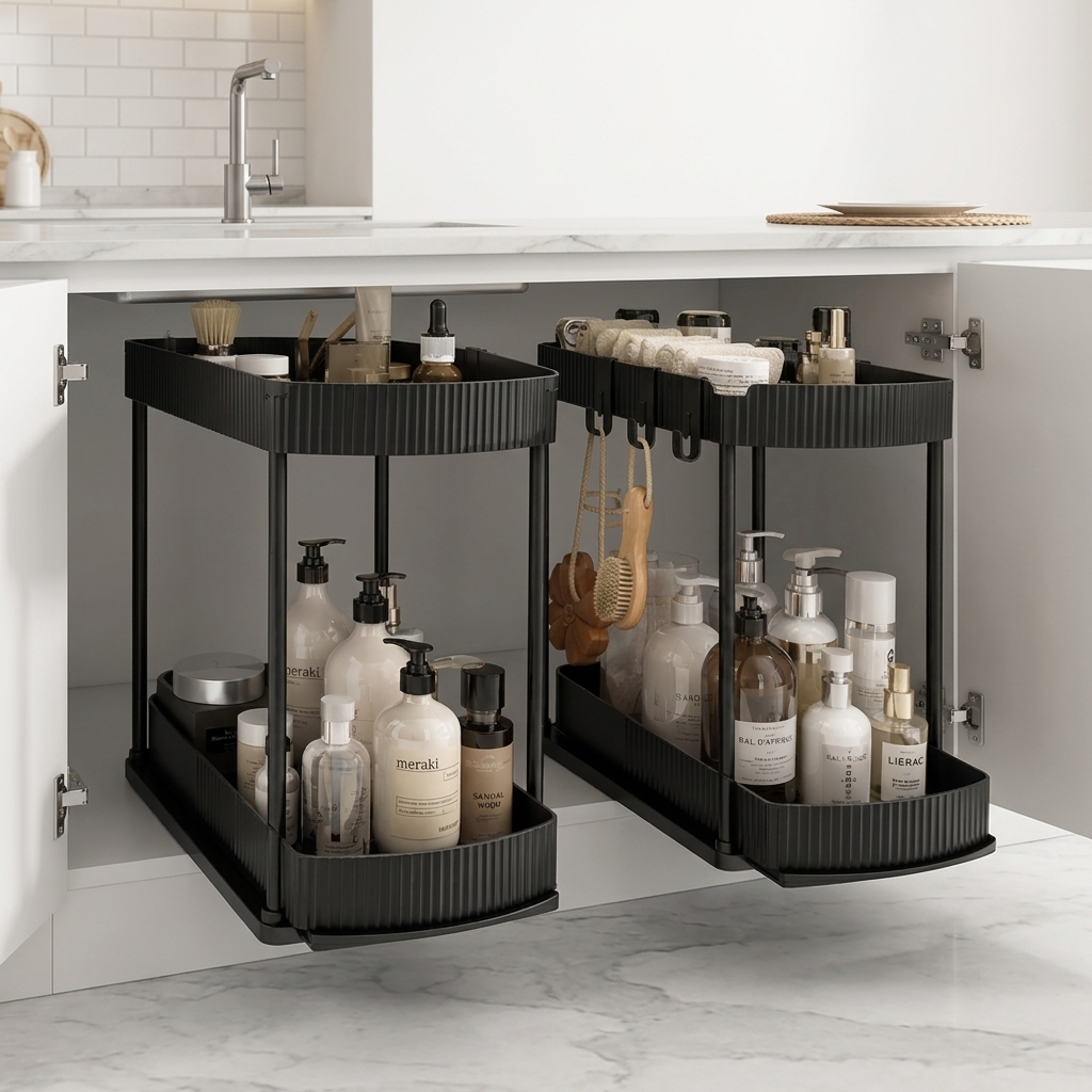 Pull-out cabinet organizer lifestyle ad